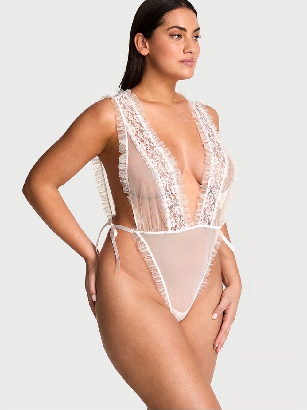 Victoria's Secret Sheer Lace Plunge Teddy in Ivory
